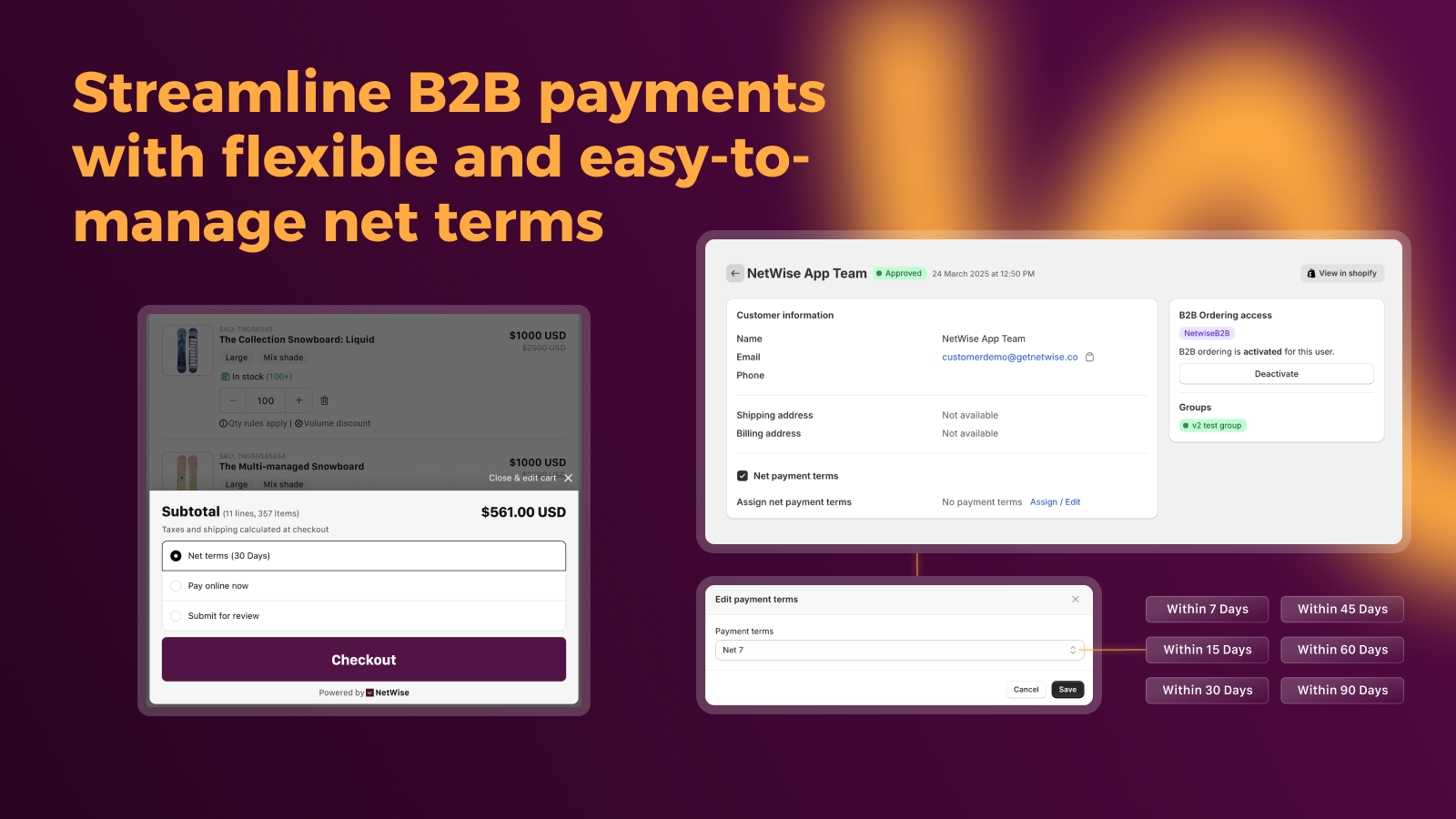 NetWise Net 30 / Net 60 / Net 90 payment terms for Shopify B2B accounts